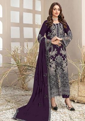 Wine Embroidered Georgette Salwar Kameez With Dupatta