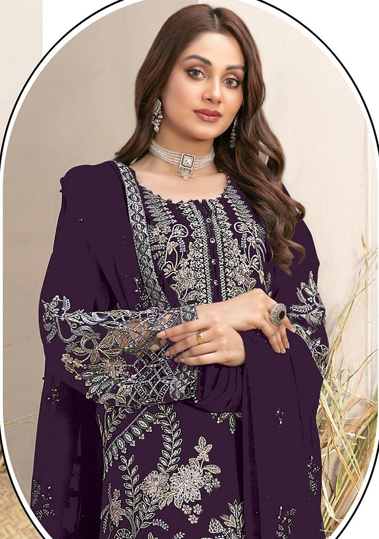 Wine Embroidered Georgette Salwar Kameez With Dupatta - Indya