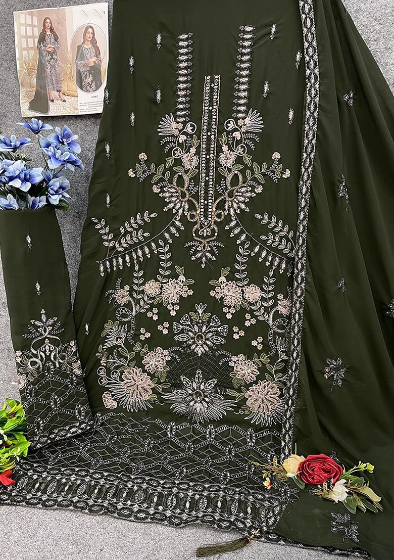 Green Embroidered Georgette Salwar Kameez With Dupatta - Indya