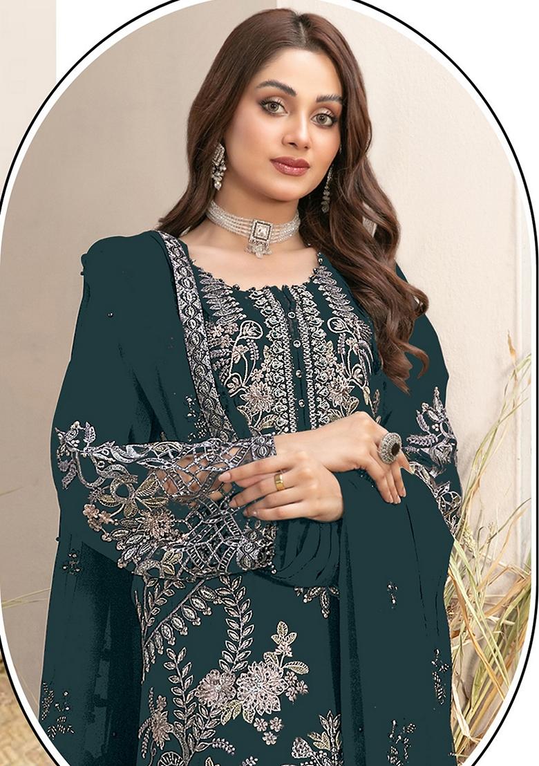 Brown Embroidered Georgette Salwar Kameez With Dupatta - Indya