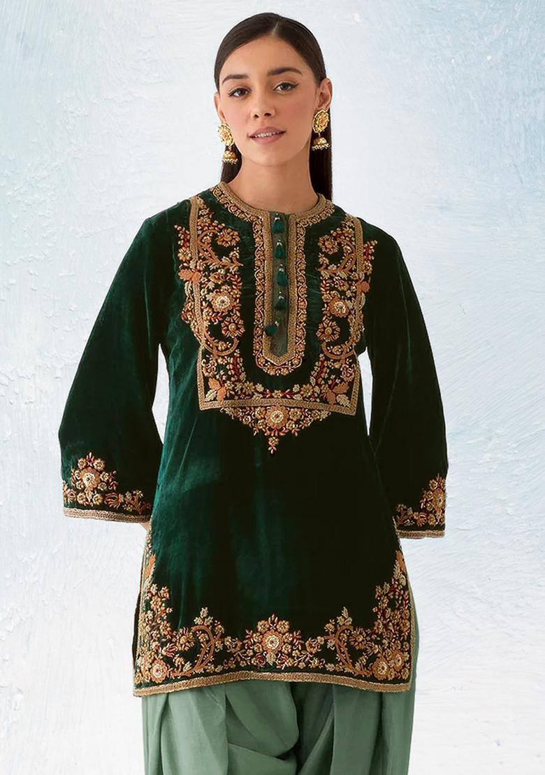 Green Embroidered Velvet Salwar Kameez With Dupatta - Indya