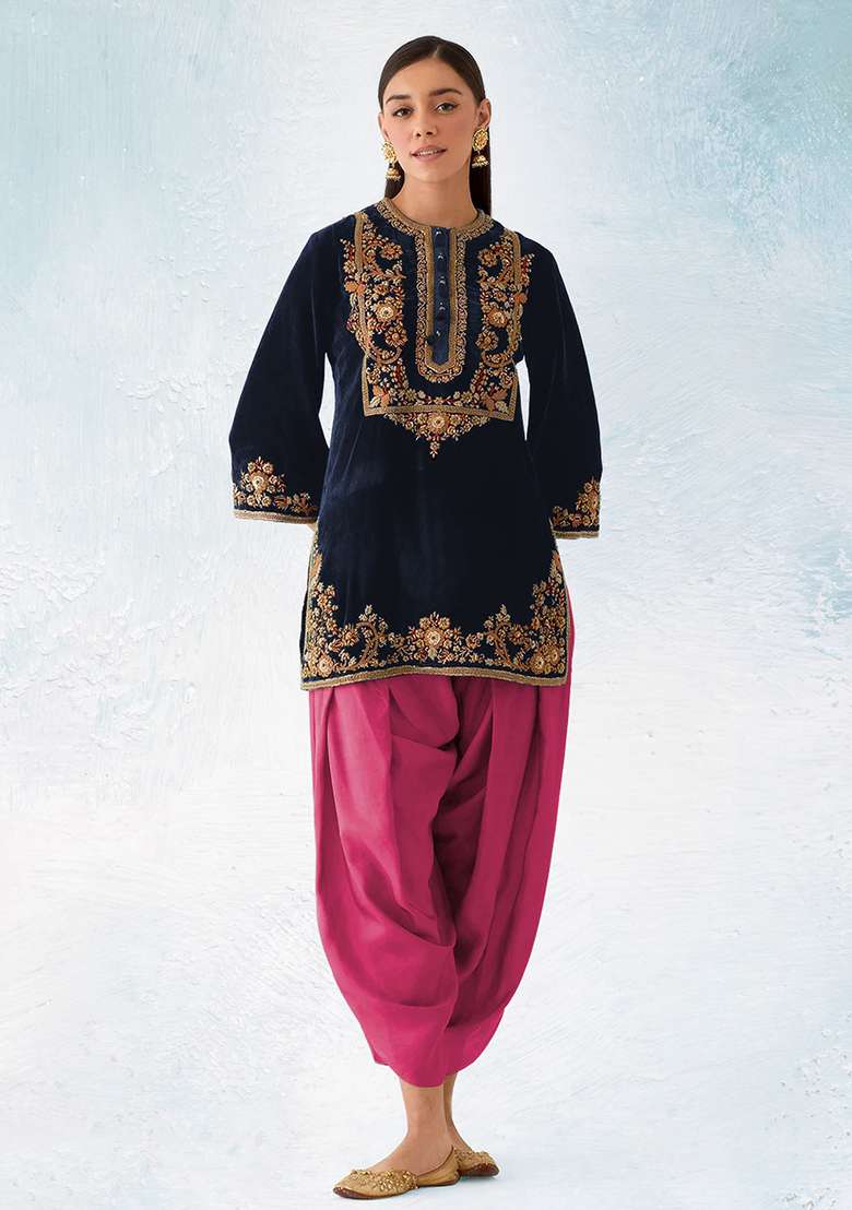 Blue Embroidered Velvet Punjabi Suit - Indya