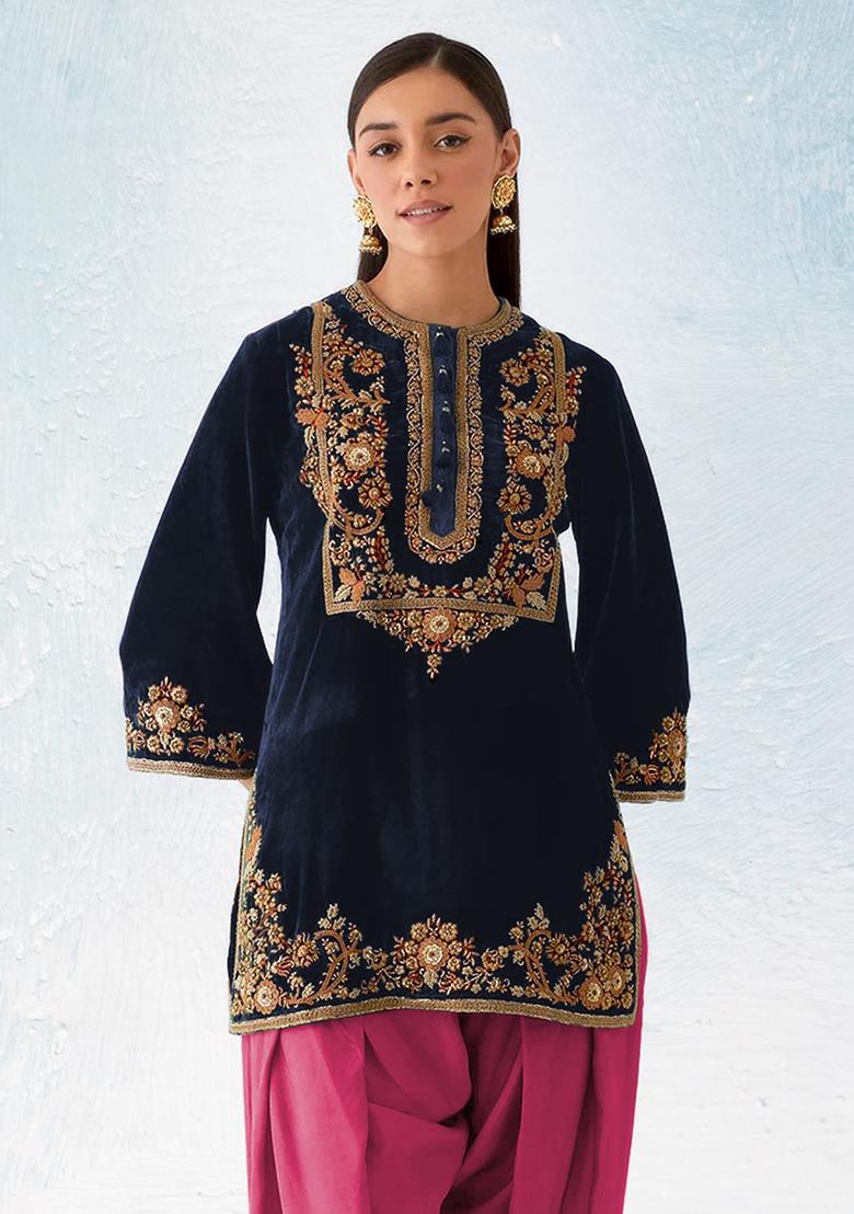 Blue Embroidered Velvet Salwar Kameez With Dupatta - Indya