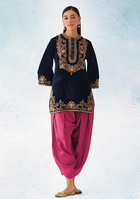 Blue Embroidered Velvet Salwar Kameez With Dupatta
