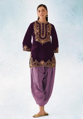 Purple Embroidered Velvet Salwar Kameez With Dupatta
