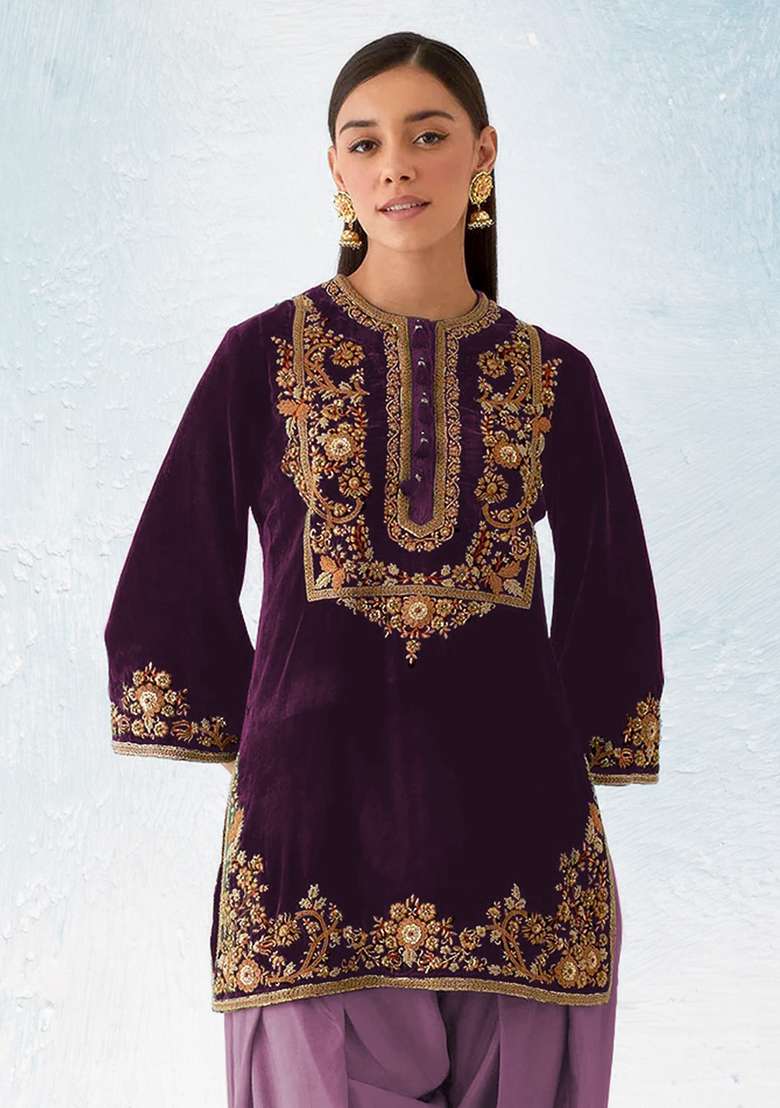 Purple Embroidered Velvet Punjabi Suit - Indya