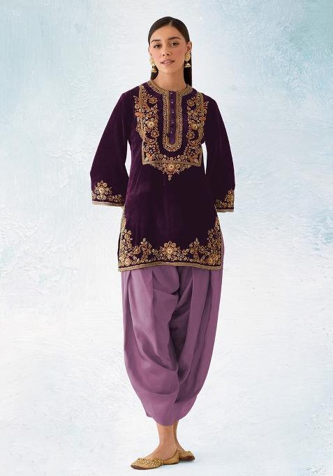 Purple Embroidered Velvet Punjabi Suit