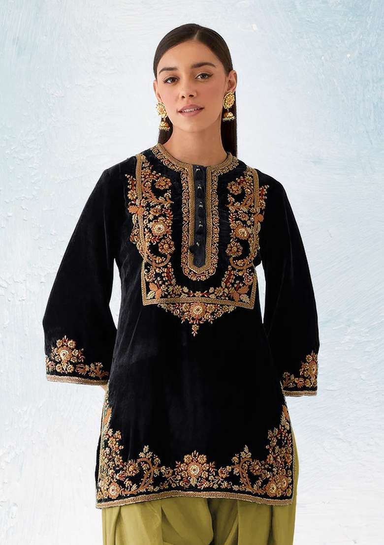 Black Embroidered Velvet Punjabi Suit - Indya
