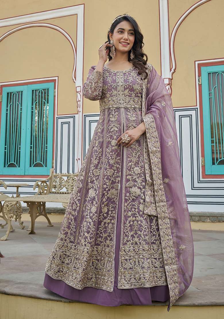 Purple Embroidered Net Anarkali With Dupatta - Indya