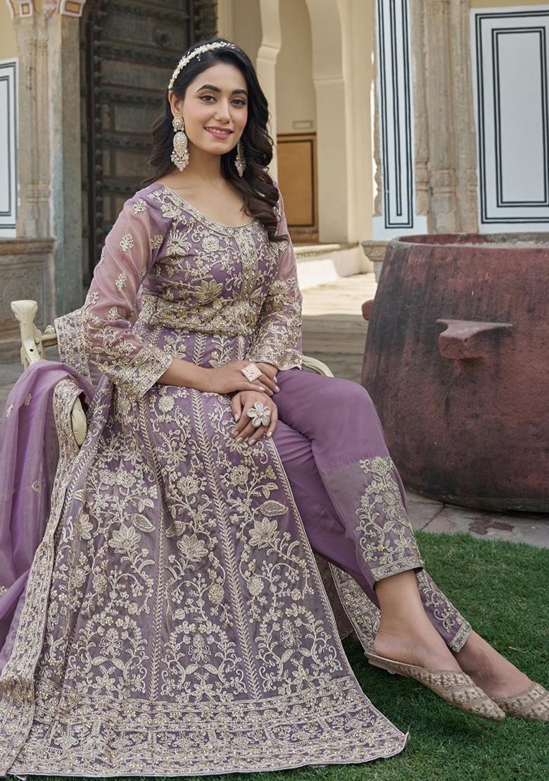 Purple Sequence Embroidery Net Anarkali Set With Dupatta - Indya