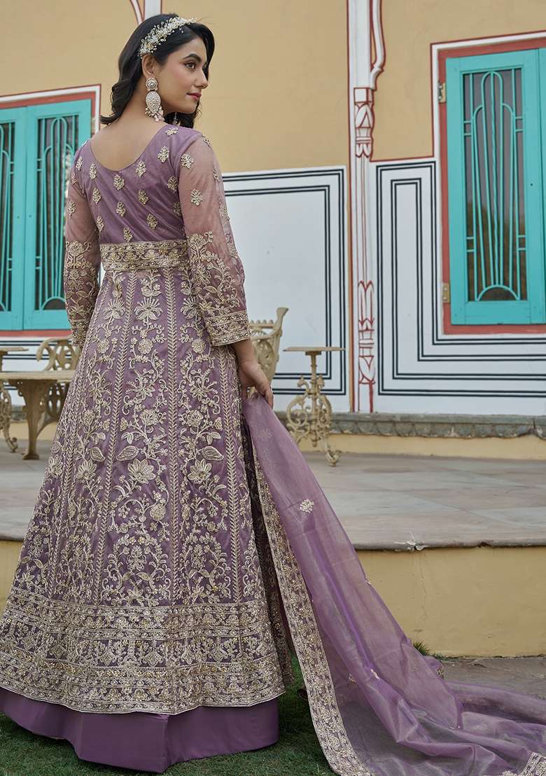 Purple Embroidered Net Anarkali With Dupatta - Indya