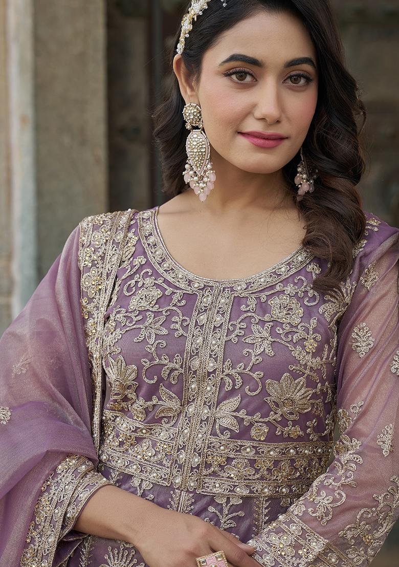 Purple Sequence Embroidery Net Anarkali Set With Dupatta - Indya