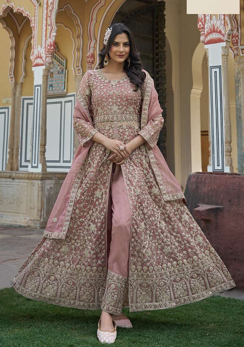 Pink Embroidered Net Anarkali With Dupatta - Indya