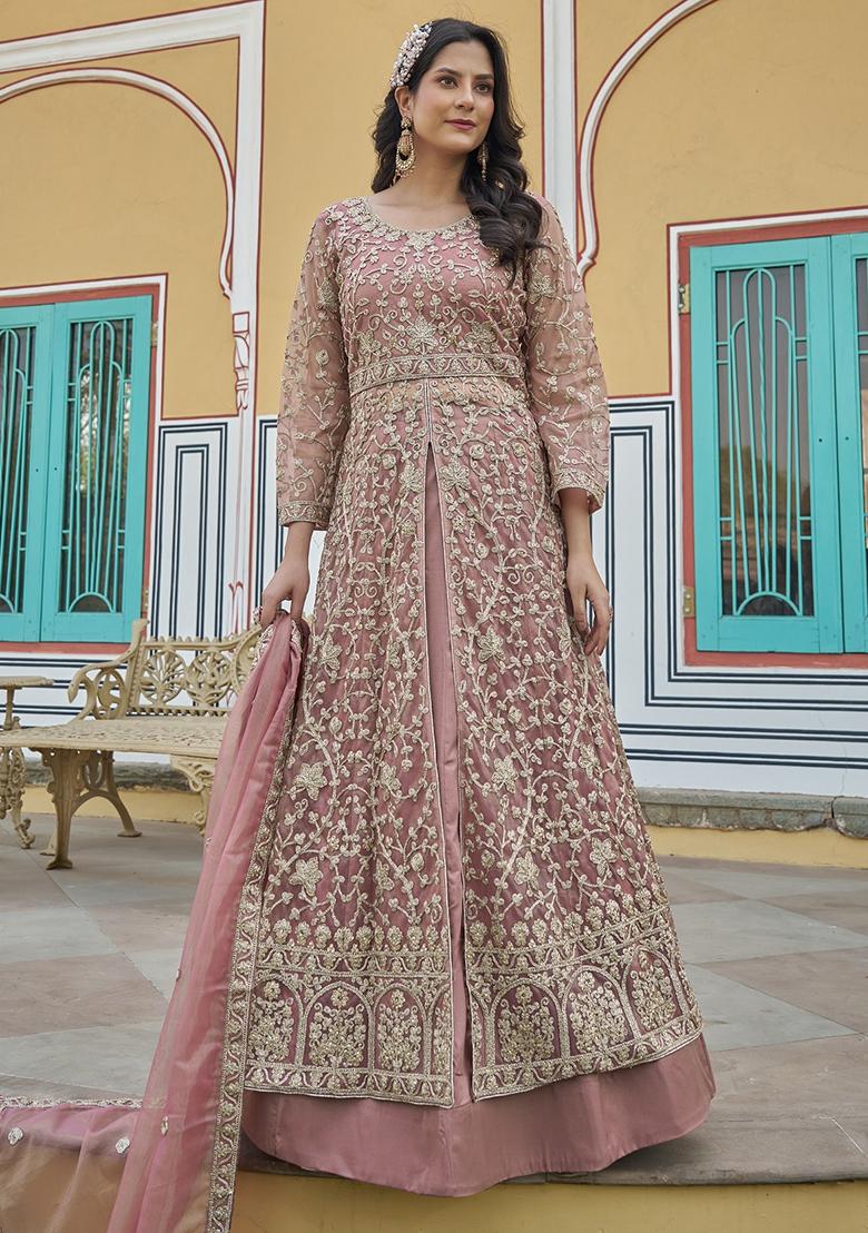 Pink Sequence Embroidery Net Anarkali Set With Dupatta - Indya