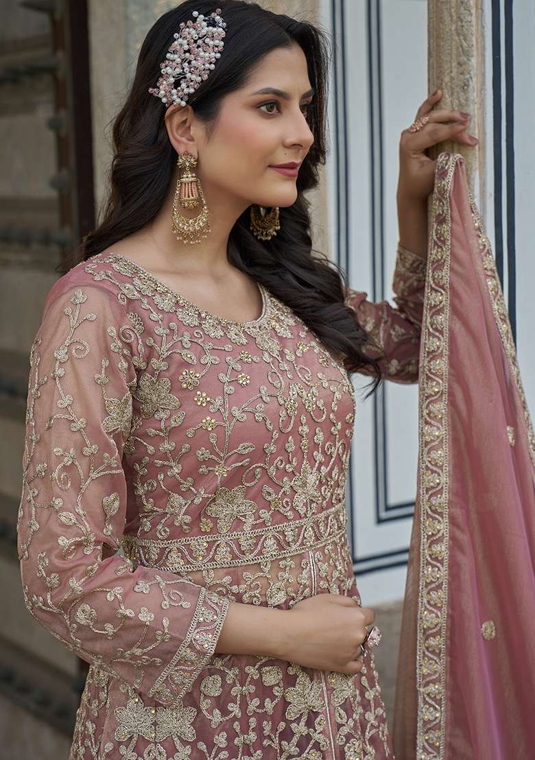 Pink Embroidered Net Anarkali With Dupatta - Indya