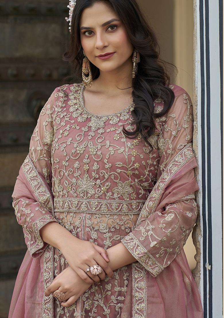 Pink Sequence Embroidery Net Anarkali Set With Dupatta - Indya