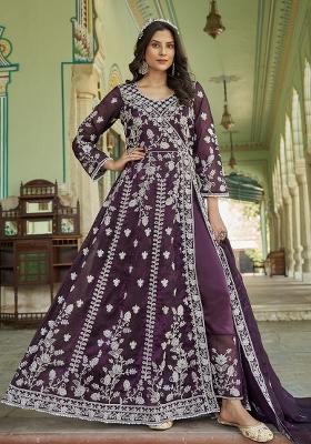 Purple Sequence Embroidery Silk Anarkali Set With Dupatta