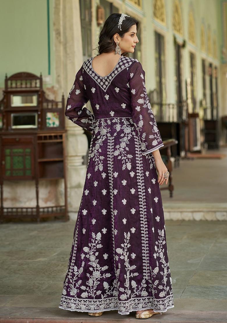 Purple Sequence Embroidery Silk Anarkali Set With Dupatta - Indya