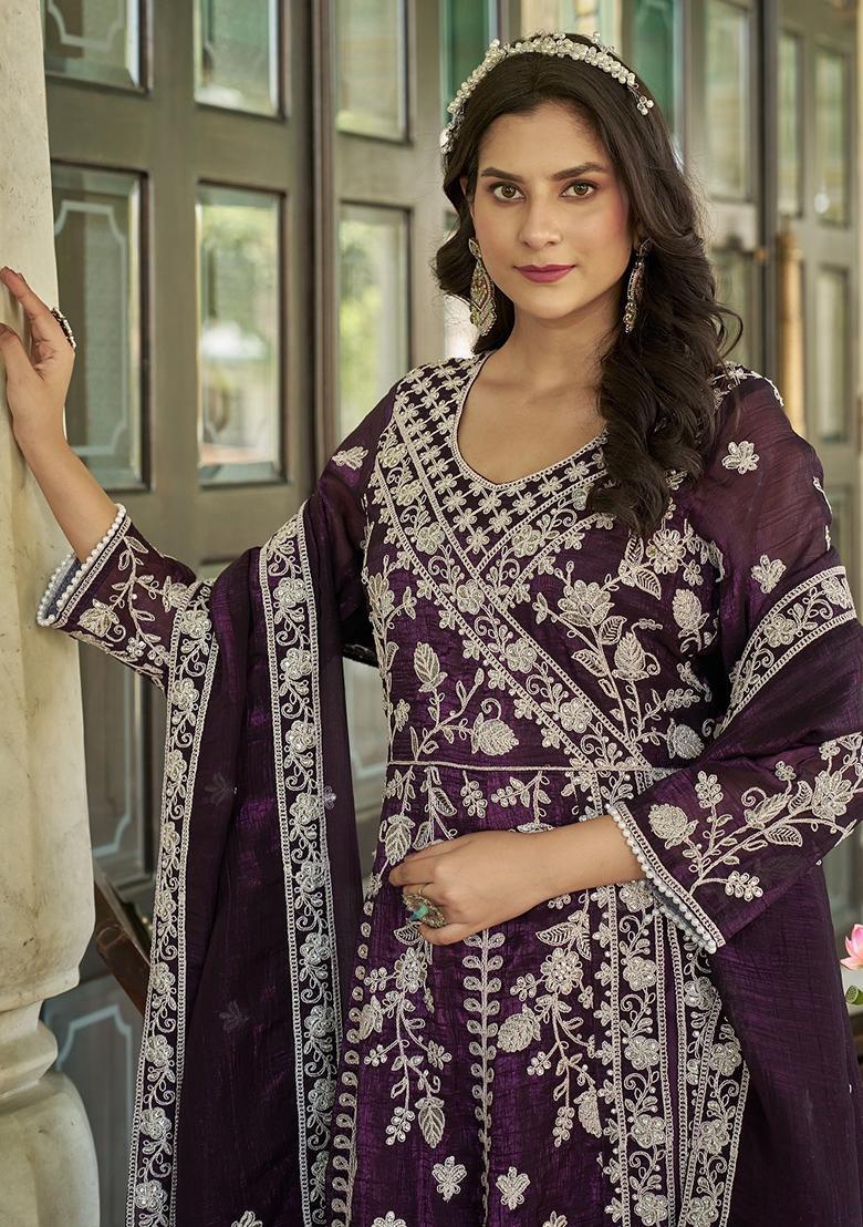 Purple Sequence Embroidery Silk Anarkali Set With Dupatta - Indya