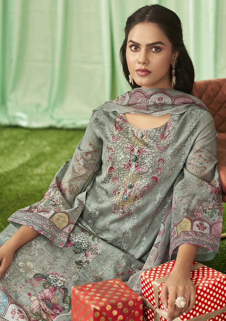 Olive Embroidered Cotton Dress Material - Indya