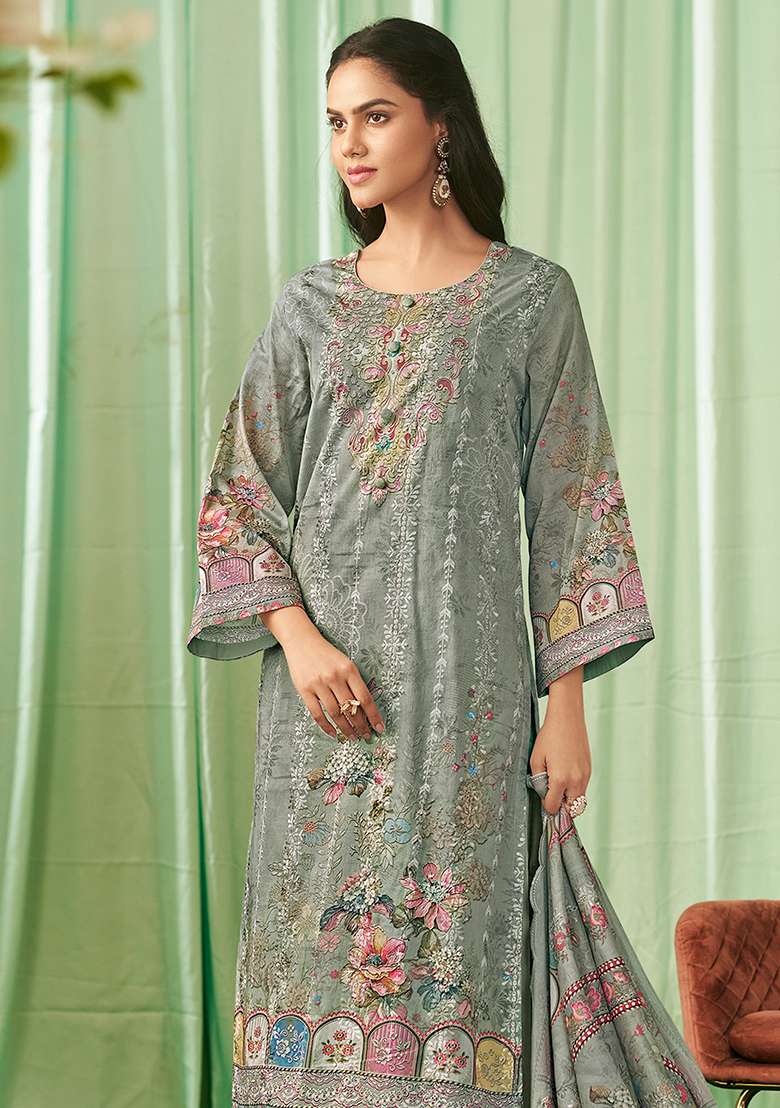 Olive Printed Cotton Pakistani Suit Set - Indya