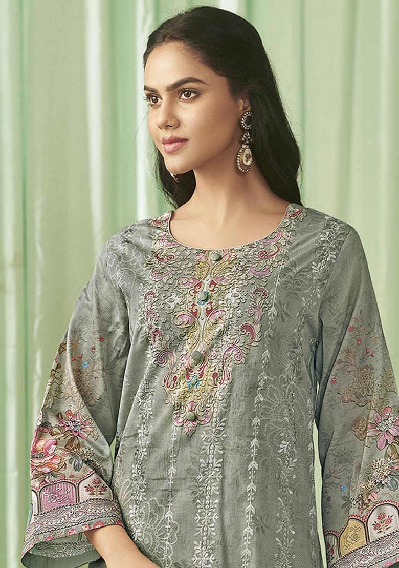 Olive Embroidered Cotton Dress Material - Indya