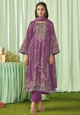 Magenta Embroidered Cotton Dress Material