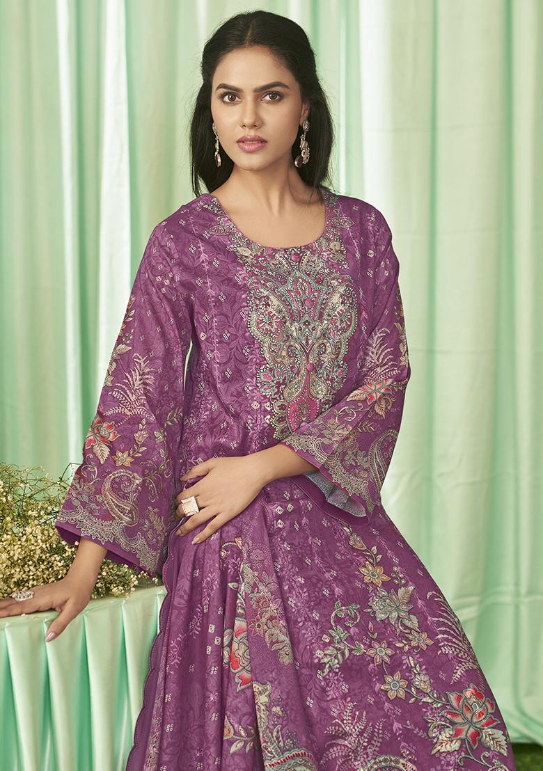 Magenta Embroidered Cotton Dress Material - Indya