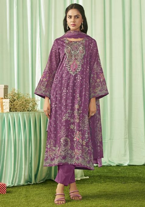 Magenta Printed Cotton Pakistani Suit Set