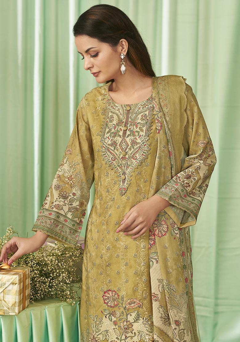 Yellow Embroidered Cotton Dress Material - Indya