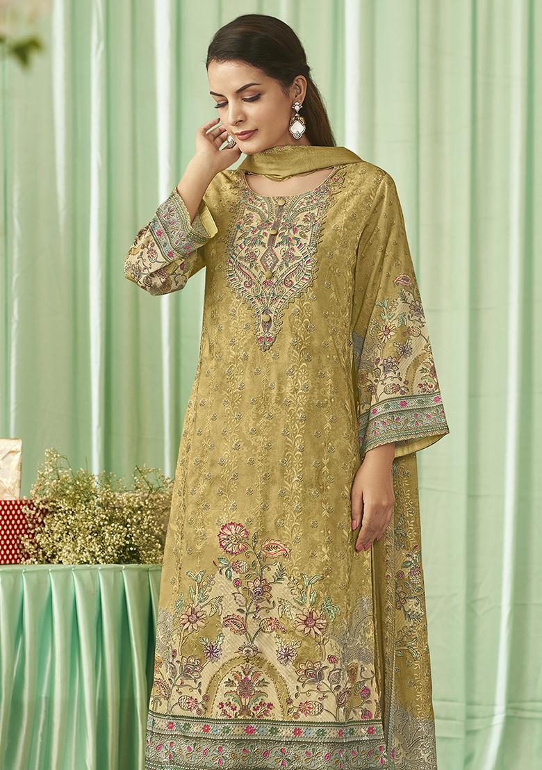 Yellow Embroidered Cotton Dress Material - Indya