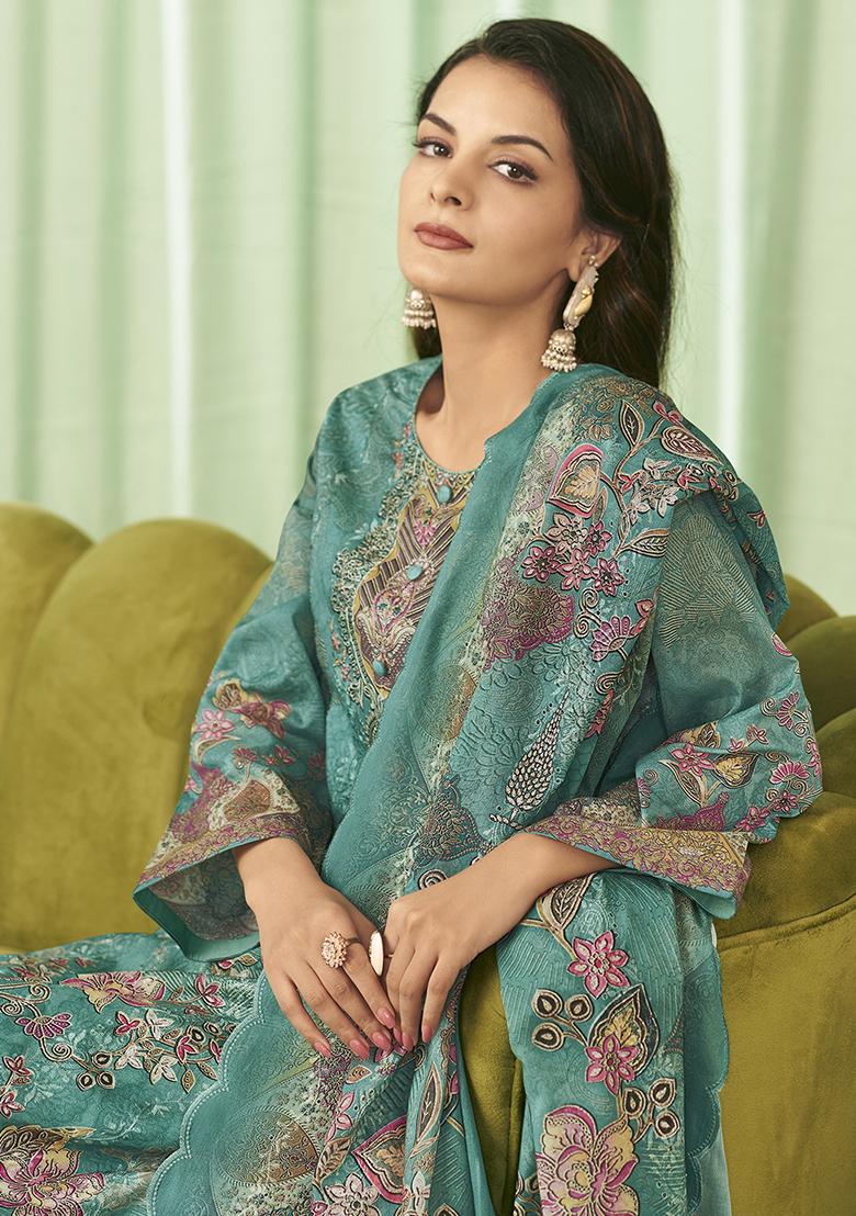 Teal Embroidered Cotton Dress Material - Indya