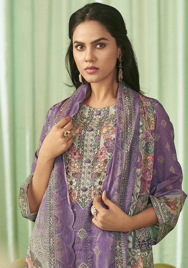 Violet Embroidered Cotton Dress Material - Indya