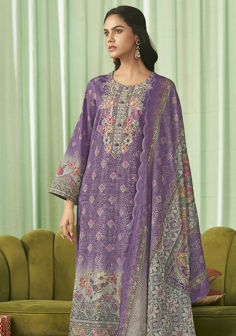 Violet Embroidered Cotton Dress Material - Indya