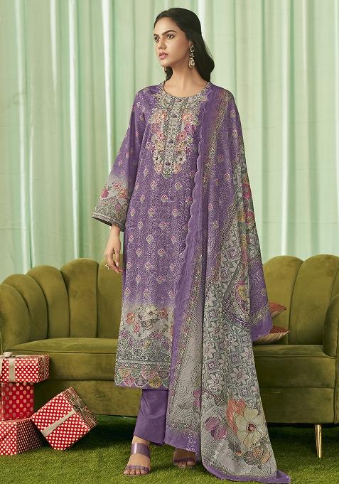 Violet Embroidered Cotton Dress Material