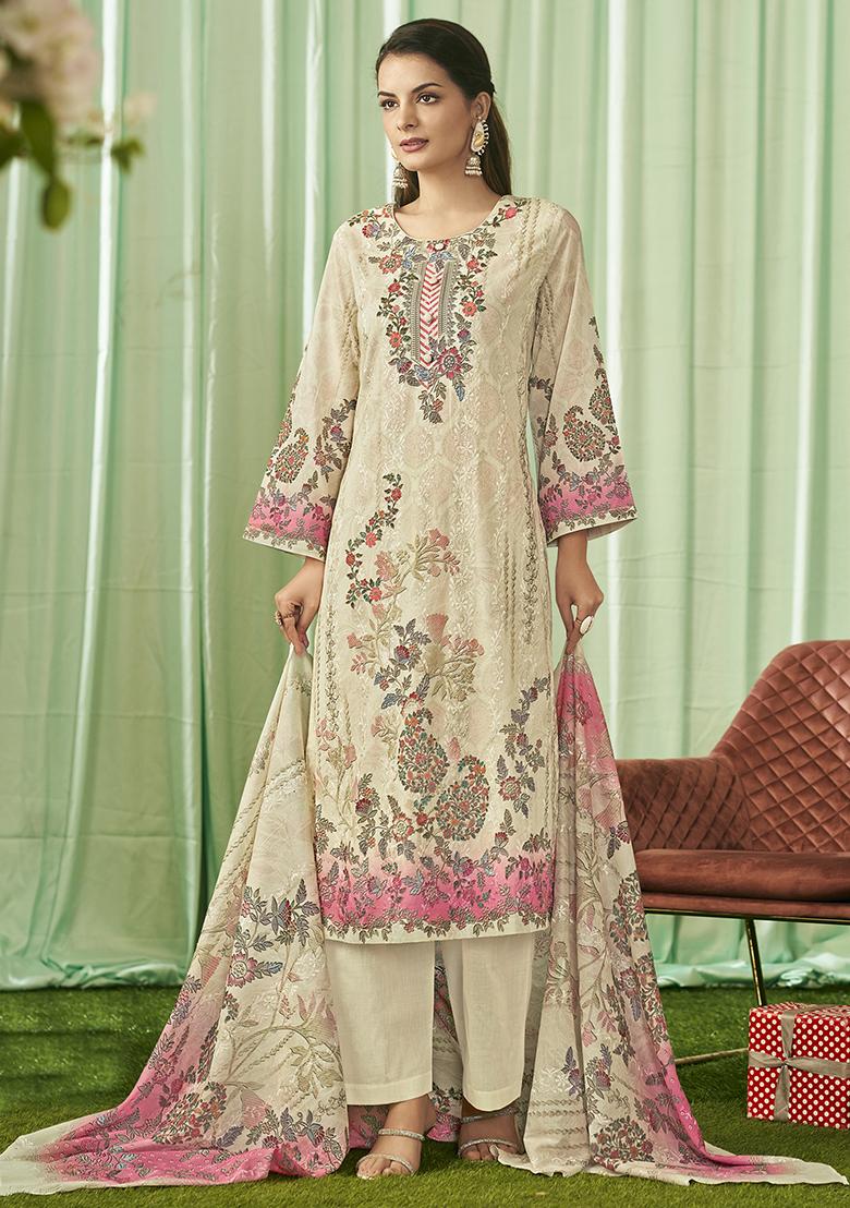 Cream Embroidered Cotton Dress Material