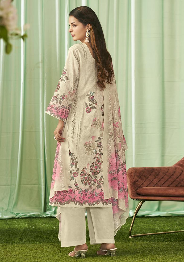 Cream Embroidered Cotton Dress Material