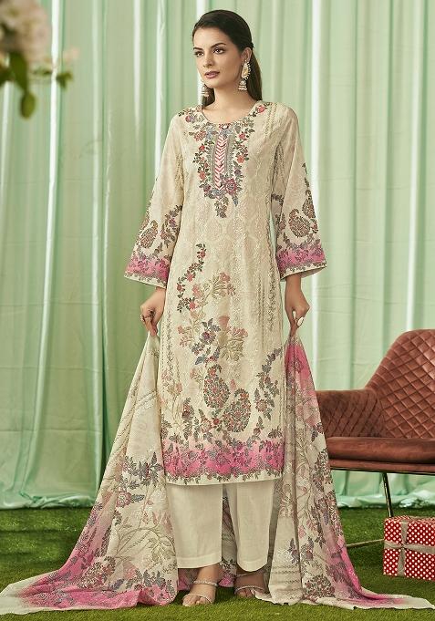Cream Embroidered Cotton Dress Material