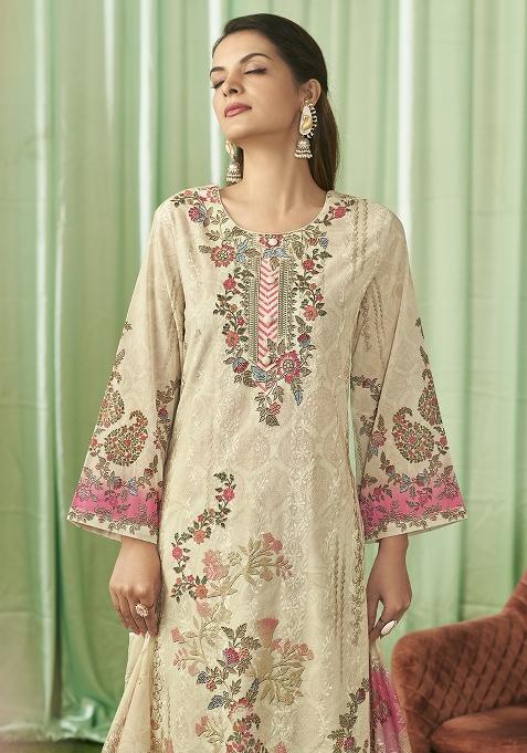 Cream Embroidered Cotton Dress Material
