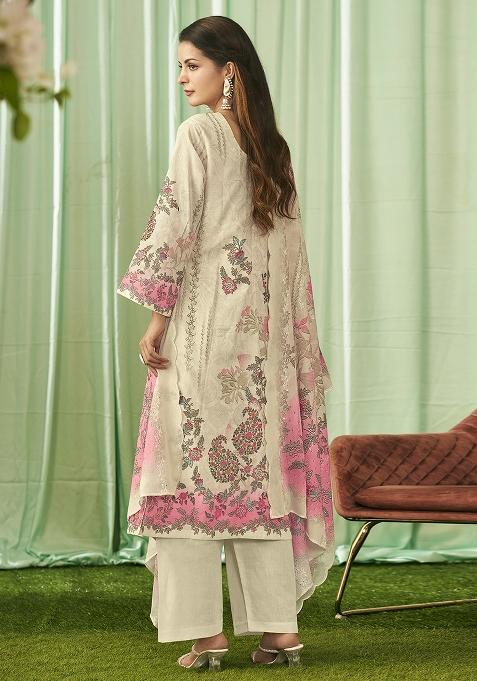 Cream Embroidered Cotton Dress Material