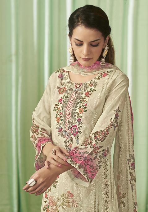 Cream Embroidered Cotton Dress Material