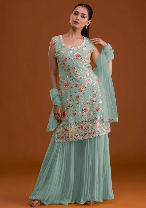 Sea Green Embroidered Georgette Salwar Kameez With Dupatta