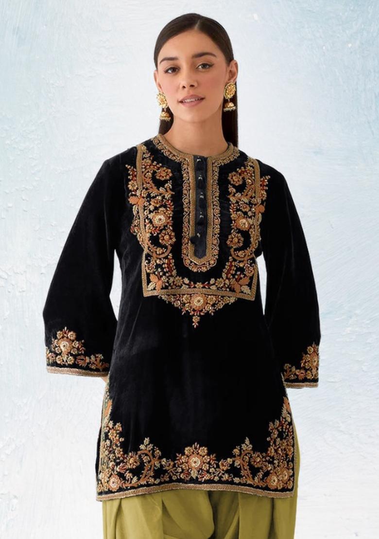 Black Embroidered Velvet Salwar Kameez With Dupatta - Indya