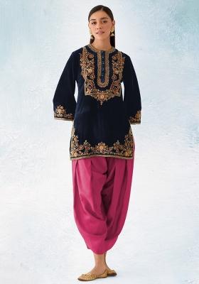 Navy Embroidered Velvet Salwar Kameez With Dupatta