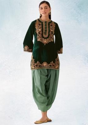Green Embroidered Velvet Salwar Kameez With Dupatta