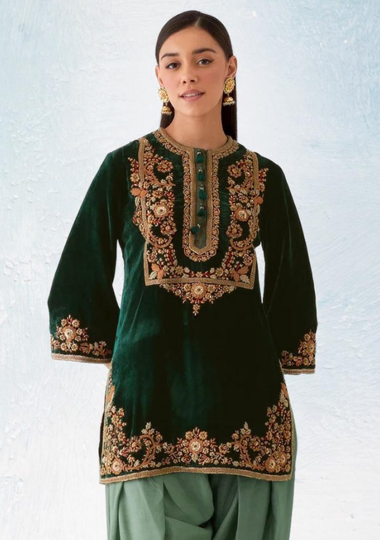Green Embroidered Velvet Salwar Kameez With Dupatta - Indya