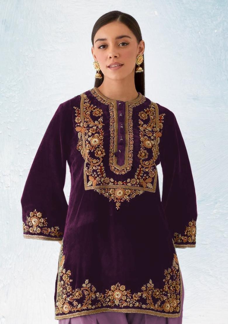 Wine Embroidered Velvet Salwar Kameez With Dupatta