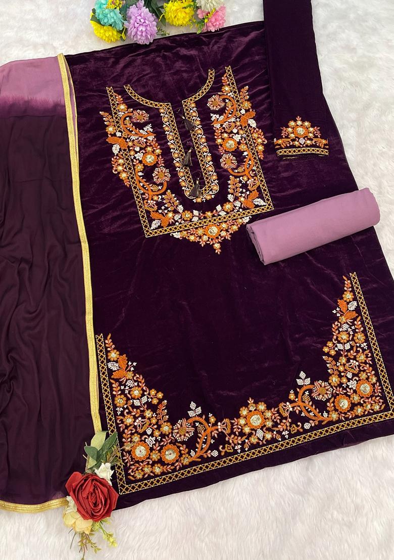 Wine Embroidered Velvet Salwar Kameez With Dupatta