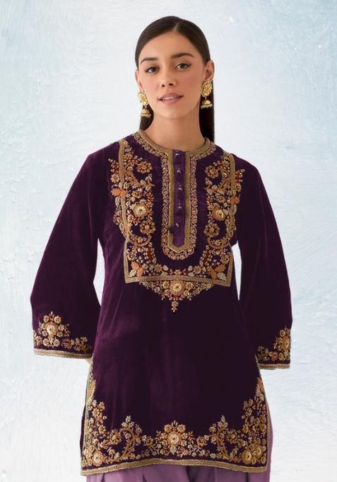 Wine Embroidered Velvet Salwar Kameez With Dupatta