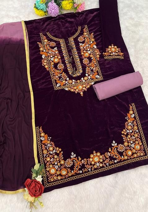 Wine Embroidered Velvet Salwar Kameez With Dupatta